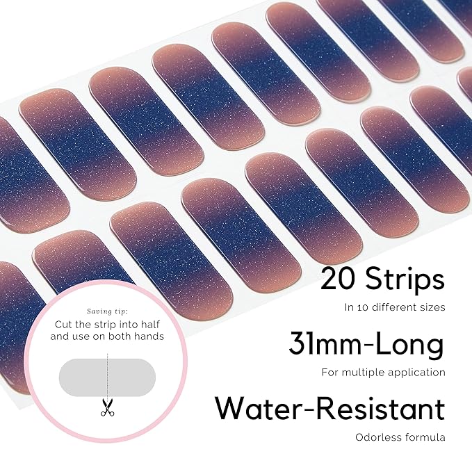 Semi Cured Gel Nail Strips - NAILOG 20 Pcs Gel Nail Stickers | Buy 2 Get 1 UV Light | Extra Long Nail Wraps with Glossy Gel Finishing Gradient Purple, Descend