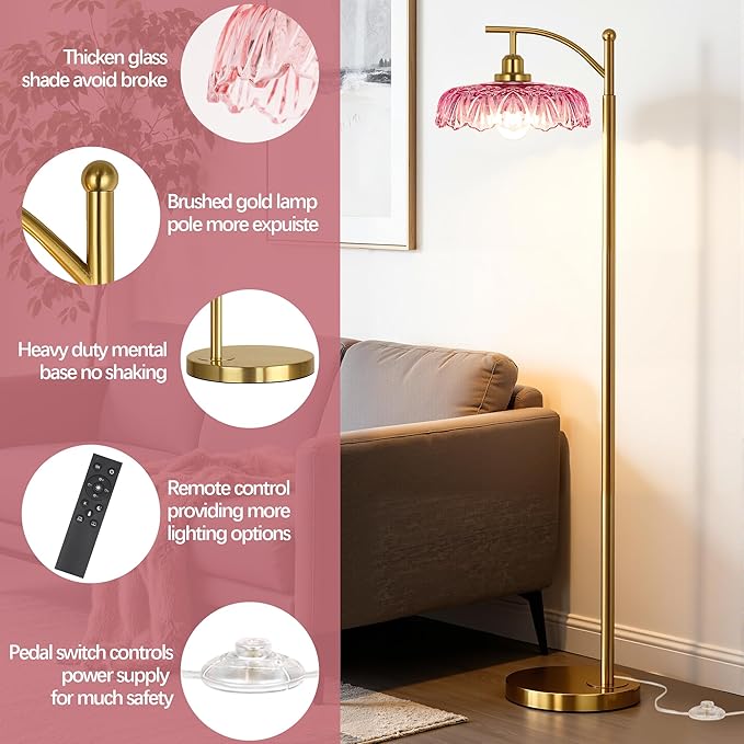 Gold Floor Lamp for Living Room, Dimmable Mid Century Modern Standing Lamp with Remote Control and Pink Glass Shade, 68" Tall Lamp for Bedroom, Vintage Retro Antique Glass Flower Lamp, Brushed Gold