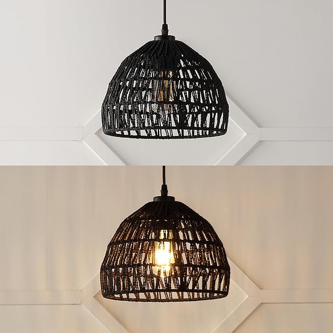 JONATHAN Y 10.25" Black Modern Bohemian Woven Rope LED Pendant Light Fixture, Adjustable Dome Ceiling Lamp for Kitchen Island, Rope Shade, Coastal Farmhouse Decor (JYL6513B)