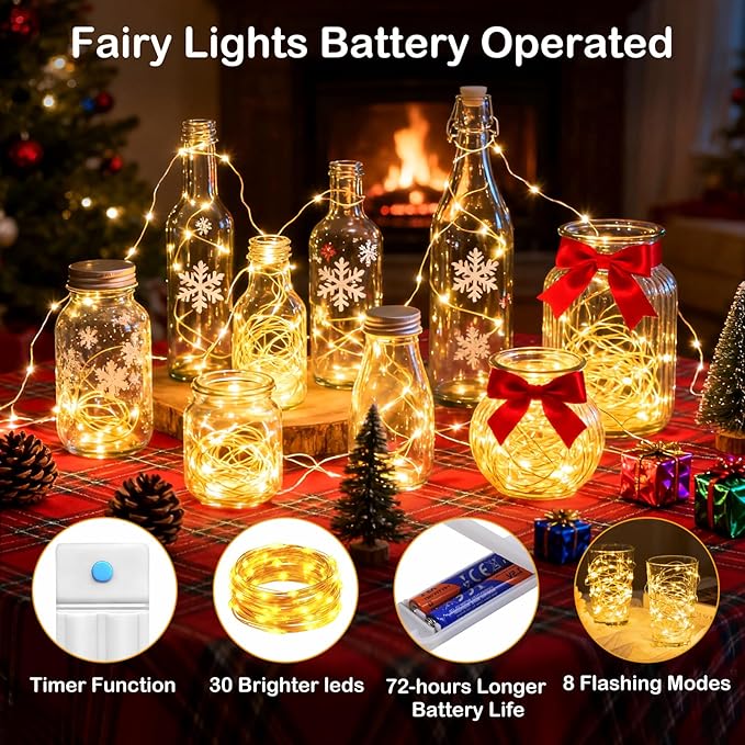 ZNYCYE 10 Pack Fairy Lights with Timer,10 ft 30 LED String Lights 8 Modes Fairy Lights Battery Operated Waterproof for DIY Wedding Party Bedroom Mason Jars Christmas Decorations (Warm White)