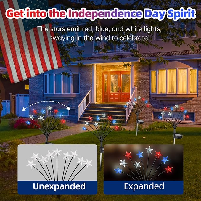 Lewondr 4th of July Decorations Solar Garden Lights, Fourth of July Red White and Blue Light Solar Lights Outdoor, Waterproof Patriotic Decor with 9 LED 2 Lighting Modes for Independence Day, 4 Pack