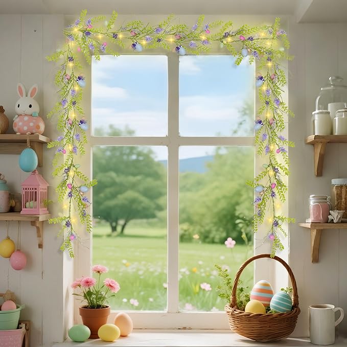 DR.DUDU 6 FT Easter Decorations for Home Lighted Easter Garland Artificial Egg Garlands with 20 LED Lights & Timer Spring Decor for Mantle Fireplace Table Door
