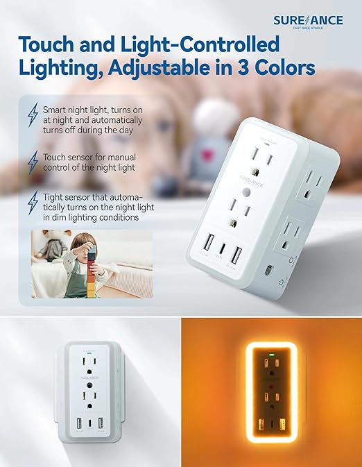 Multi Plug Wall Outlet, SUREANCE 6-Outlet Extender with Night Light, 3 USB Ports, 3-Sided Power Strip with Adapter Spaced Outlets,1050J Wall Charger, for Home Office Dorm Essentials