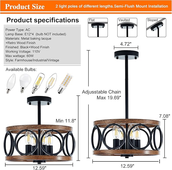 4-Light Farmhouse Drum Pendant Light,12.6'' Nature Wood Texture Vintage Rustic Chandeliers Black Metal Industrial Hanging Light Fixtures for Entryway, Bedroom Dining Room