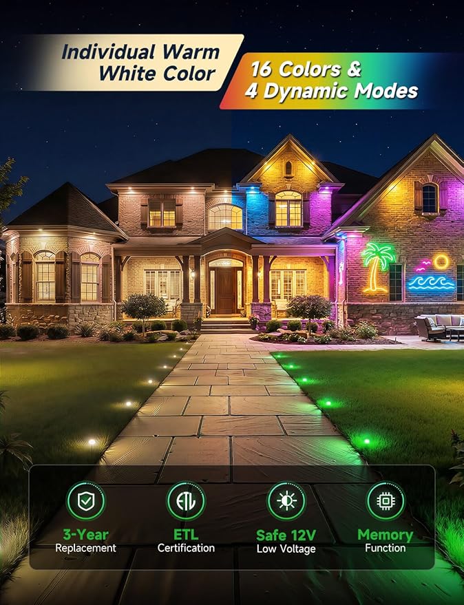 RGBW Deck Lights 6 Pack, Mini 3W 12V Low Voltage In-Ground Well Lights, LED Landscape Lighting, Warm White & 16 Colors, IP67 Waterproof Recessed Stainless Steel Acrylic Design for Stairs