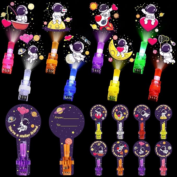 36 Pack Valentines Day Gifts for Kids Classroom LED Space Finger Lights, School Valentines Exchange Cards Gifts Prizes Space Party Favors for Boys Girls