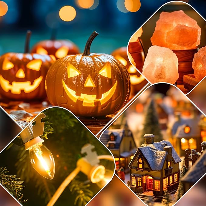 Meonum Accessory Cord with LED C7 Light Bulbs,Christmas Village Indoor Blow Mold Light Cord with Female Plug, Rotary On/Off,for Halloween Pumpkin,Holiday Craft Projects Decoration(60 ft,36 Packs)