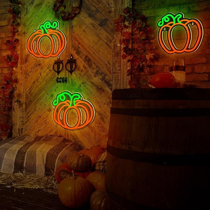 Treela 3 Pcs Fall Pumpkin Window Lights Halloween Neon Light Thanksgiving Neon Sign LED Light up Pumpkin Decor for Bedroom Home Kitchen Harvest Decorations