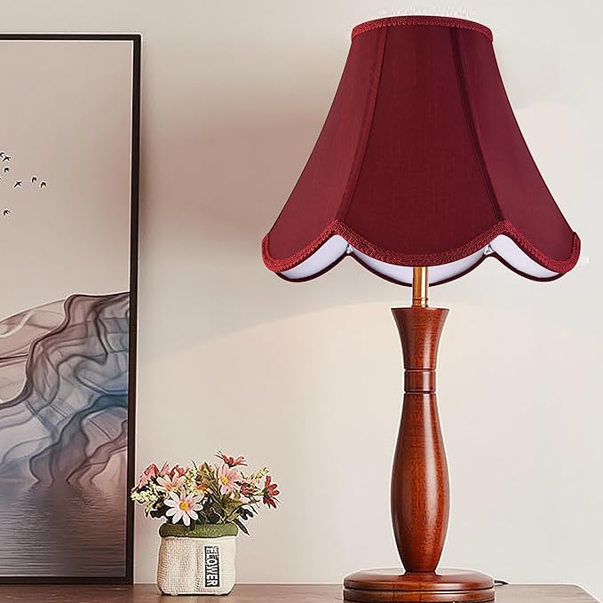 GO&SO Burgundy Scalloped Lamp Shade Bell Lamp Shades Petal Edge Braid,6"Top x 13"Bottom x 10.6"High (Spider) Table Lamp Shade Modern Floor Lamp Shade Replacement,Faux Silk Lampshades -Easy Assembly