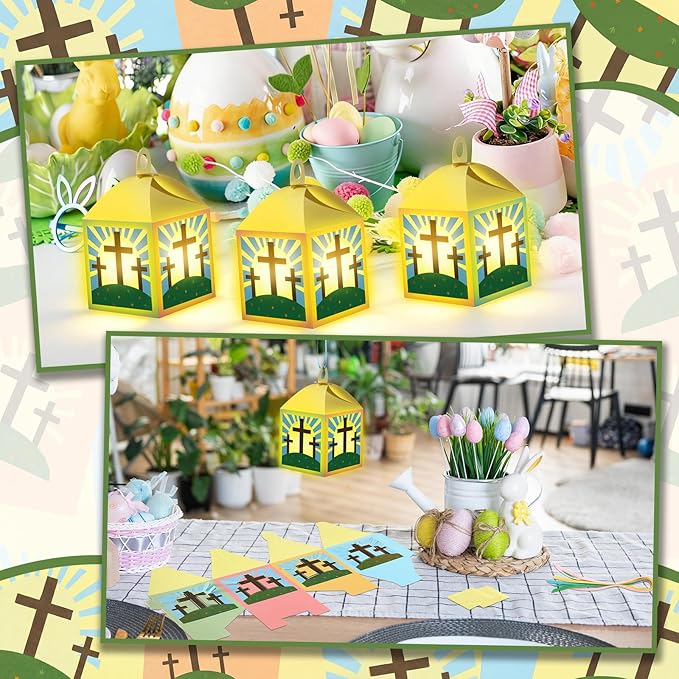 24 Sets Easter Crafts with LED Candle Light He is Risen Tissue Paper Resurrection Craft DIY VBS Christ Suncatchers Lanterns Hanging for Fun Home Activities Sunday School Christian Decoration