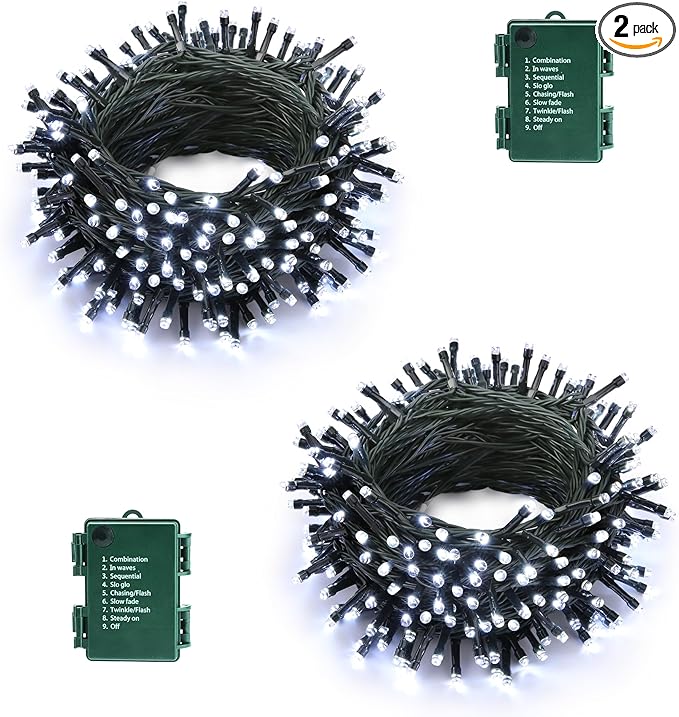 Lomotech Battery Operated Christmas Lights - 2 Pack Total 33ft 100LEDs String Lights 8 Modes Waterproof with Timer for Home, Garden, Party, Holiday, Tree Decoration (Green Wire, White）