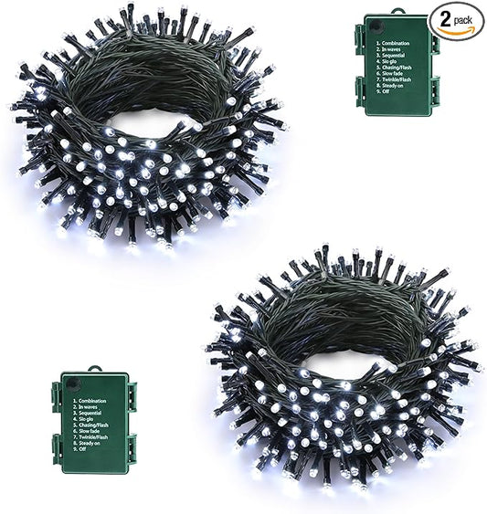 Lomotech Battery Operated Christmas Lights - 2 Pack Total 33ft 100LEDs String Lights 8 Modes Waterproof with Timer for Home, Garden, Party, Holiday, Tree Decoration (Green Wire, White）