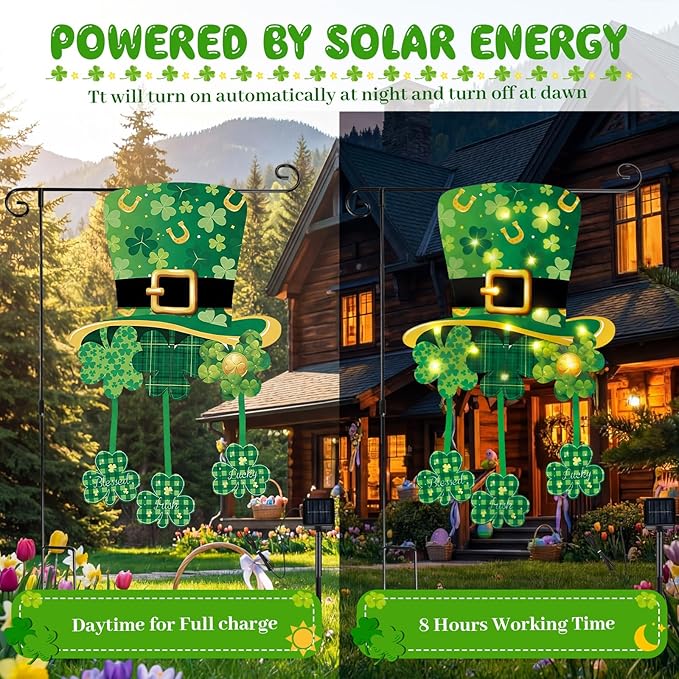 VIHOSE Lighted St. Patrick's Day Garden Flag, 12 x 18 Inch 8 Modes Double Sided Solar Ireland Decorations, LED hat Clover Shamrocks Garden Flag, Lucky Outdoor Yard Decor for St Patrick Porch Lawn