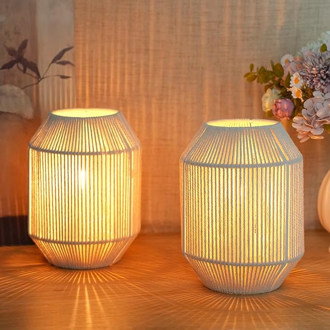 JHY DESIGN Set of 2 Woven Lampshade Table Lamps 8.5" H Cotton Rope Bedside ‌Light‌s Cordless Decorative Battery Operated Lamps with 6 Hours Timer for Bedroom Living Room Weddings Parties Patio