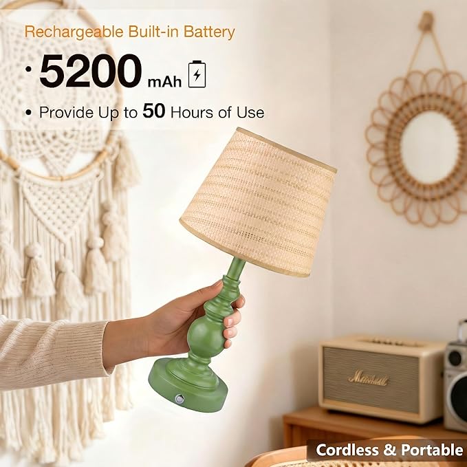 Cordless Boho Sculptural Table lamp Green, 5200-mAh Rechargeable Battery Touch Lamp, 3-Way Dimmable, Build-in LED 320 Lumens Max, Resin Home Decor, for Bedroom Living Room Dining Room