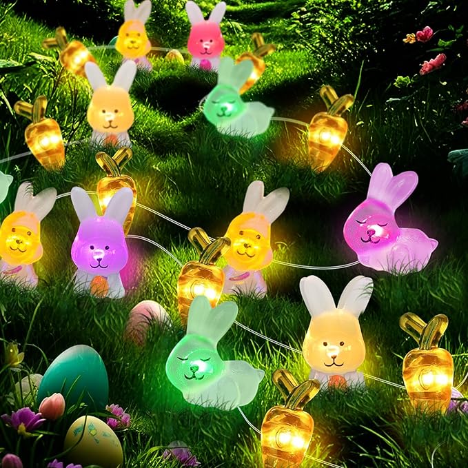 pozzolanas Led Fairy Lights Battery Operated Mini String Lights 1P 16FT Bunny Carrot String Lights 50LED IP65 Spring Rabbit for Easter Basket Eggs Party Seasonal Bedroom Decor
