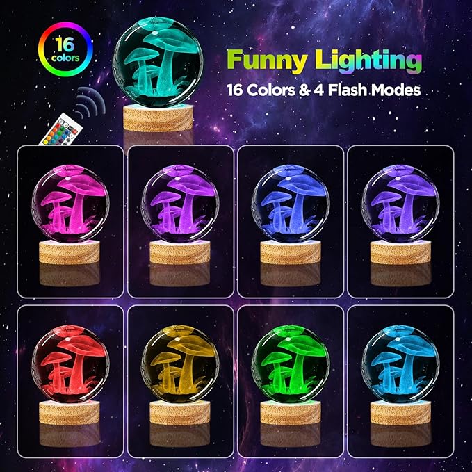 Mushroom Crystal Ball Night Light - 3.15 inch Glass Ball Lamp with 16 Color Changing Wooden Base and Remote - Ideal Gifts for Friends, Kids, Christmas, Birthday - Cute Mushroom Decor