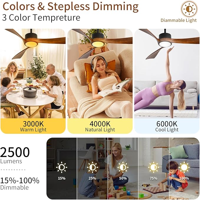 52inch Ceiling Fan with Lights,Wood Ceiling Fans with Remote Control,Dimmable Light,3 CCT,6 Speeds,Noiseless DC Motor,2 downrod,Ceiling Fan for Bedroom,Living Room,Office,Indoor,Dark Brown