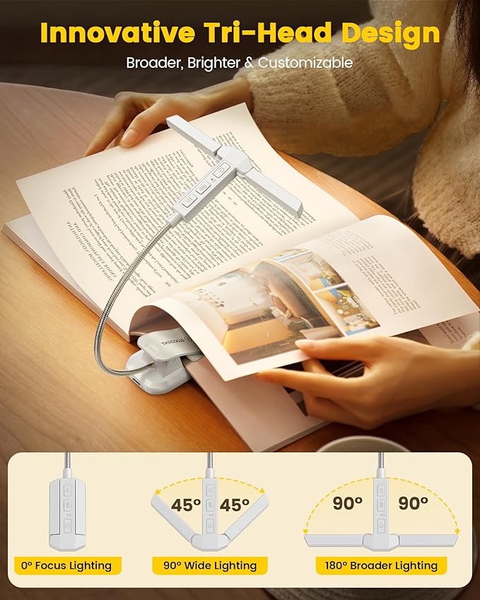 Glocusent Innovative Tri-Head Book Light for Reading in Bed, 3 Colors & 5 Brightness Levels, 1000mAh Rechargeable Reading Light with 30-Min Timer, 10-100Hrs, Partner Friendly, Perfect for Book Lovers