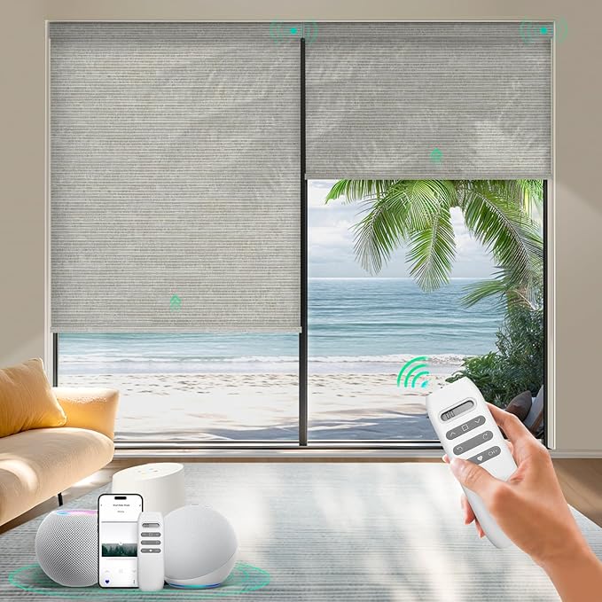 HeyBlinds Motorized Roller Shades, Smart Blinds for Windows, Remote Automatic Window Shades, Electric Shades, Light Filtering, Compatible with Alexa Google Apple Home (Sun Kissed-Grayish Coffee LF)