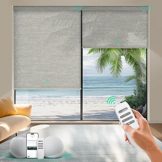 HeyBlinds Motorized Roller Shades, Smart Blinds for Windows, Remote Automatic Window Shades, Electric Shades, Light Filtering, Compatible with Alexa Google Apple Home (Sun Kissed-Grayish Coffee LF)