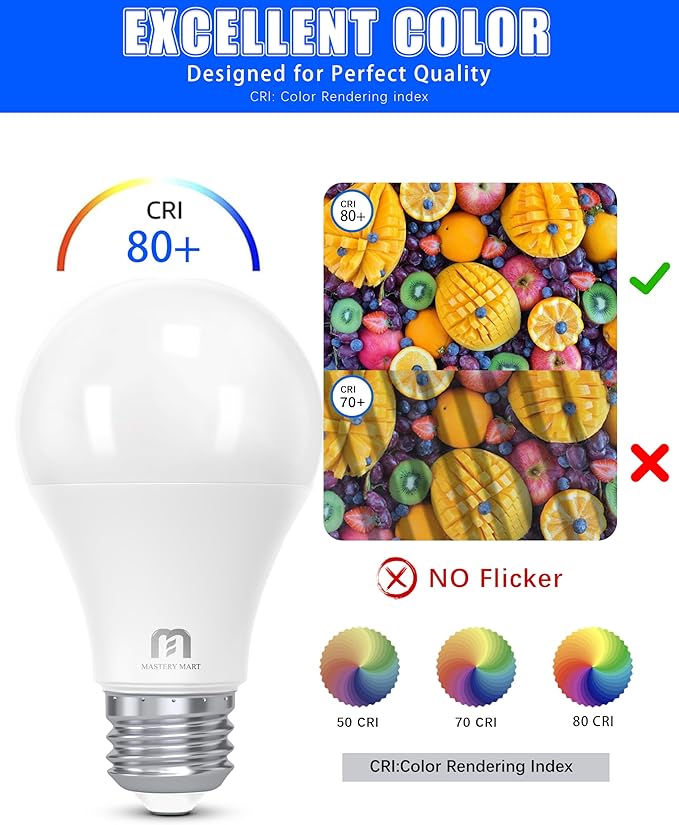 MASTERY MART A19 LED Bulbs 60 Watt Equivalent, 9W Non-Dimmable, Flicker-Free, 800 Lumens, Bright Daylight White 5000K, E26 Base, 10000 Hours, Energy Saving, Bright for Living Room, Bedroom, 6 Pack
