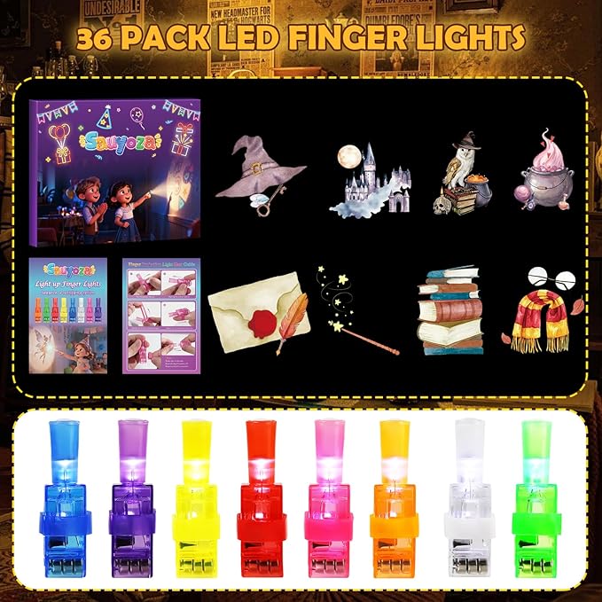36 Pack Magic School Party Favors LED Finger Lights, Birthday Goodie Bags, Glow Party Supplies, Classroom Treasure Box Rewards for Kids