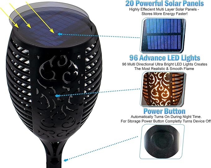Solar Tiki Outdoor LED Torch Lights - 96 LEDs Realistic Flickering Flames Pathway Lights - Waterproof Outside Decoration For Backyard Yard Landscape - Auto On/Off for Garden, Driveway, Patio (4 Pack)