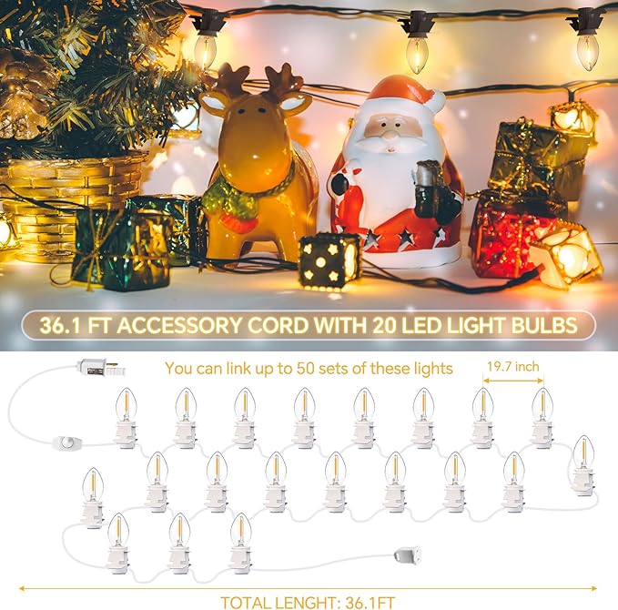 Leelosp 1 Pack Accessory Cord with 20 LED Light Bulbs 36.1 FT Lamp White Cord C7 Bulb String Lights Adjustable Brightness End-to-End Connectable Switch for Christmas Village