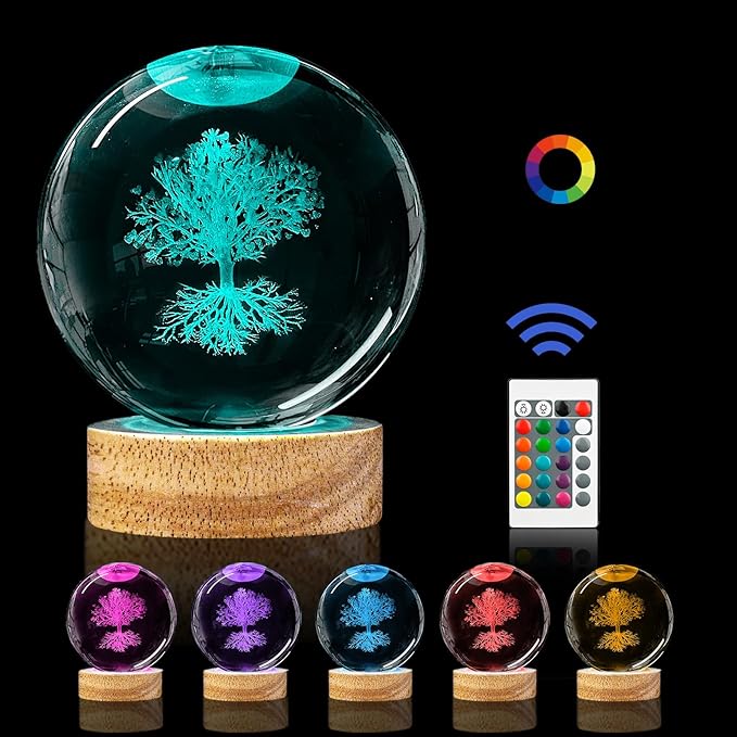 3D Tree of Life Crystal Ball Night Light,3.15in k9 Crystal Ball Lamp with 16 Colors Change,Wooden Base and Remote Control Tree of Life Gifts for Kids