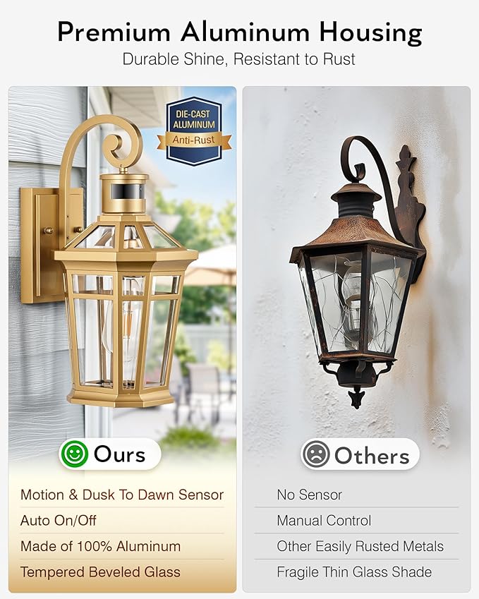 Motion Sensor Outdoor Wall Lights, 2-Pack Outdoor Porch Lights Wall Mount, Gold Exterior Wall Sconce Lantern, Anti-Rust Patio Wall Light Fixture, Outside Garage Lights, Adjustable Sensitivity