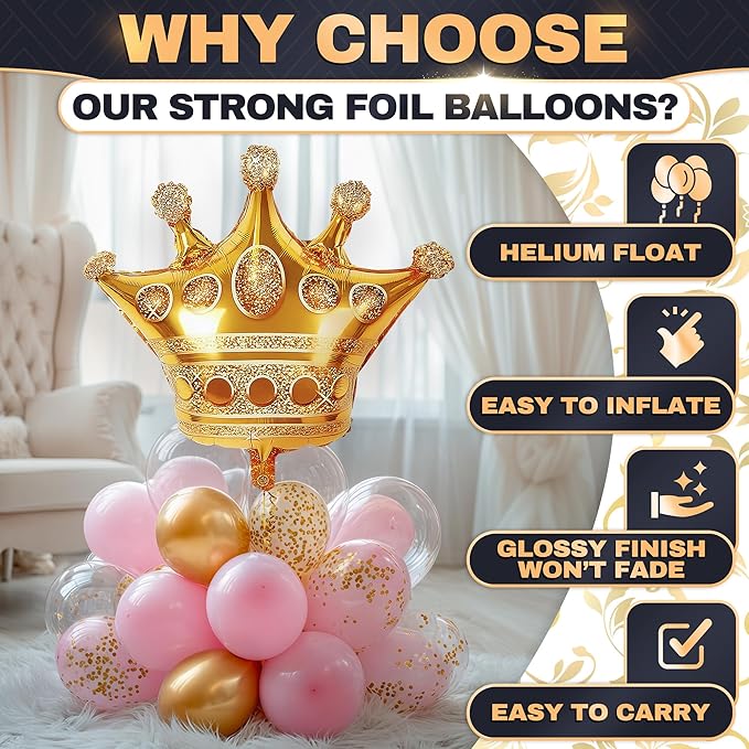 Gold Crown Balloons Set of 3 – 38.2"x35.4" Large Princess Balloons with Royal Crown Shape, Reusable Foil Design – Eye Catching Centerpiece for Princess Party Decor, Birthday Setup and Photo Backdrop