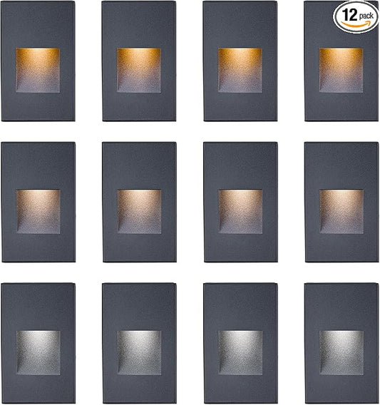 12-Pack LED Step Lights - Outdoor & Indoor Stair Lights, 3CCT Color Changing 3000K/4000K/5000K, 12V Low Voltage, 4W 150LM IP66 Waterproof for Steps & Vertical Surfaces