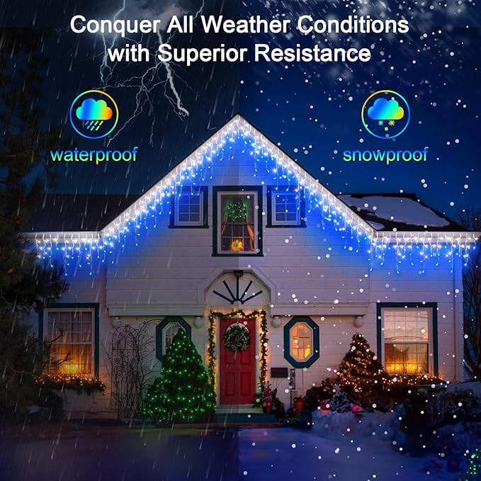 648 LED 66FT Christmas Lights 144 Drops, Outdoor Hanging light with 8 Modes & Timer, Plug in Curtain String Light Outdoor Waterproof for Holiday Wedding Party House Tree Outside Decor (Blue & White)