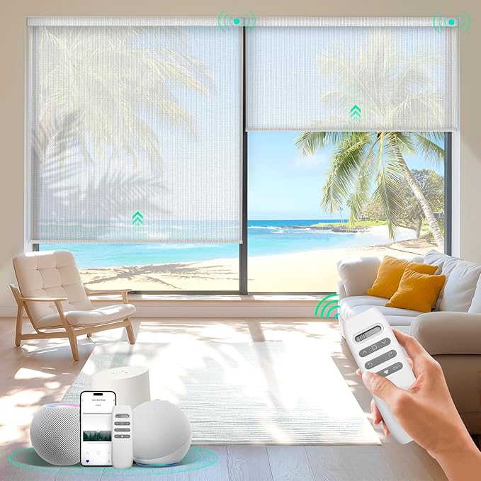 HeyBlinds Motorized Roller Shades, Smart Blinds for Windows, Remote Automatic Window Shades, Electric Shades, Light Filtering, Compatible with Alexa Google Apple Home (Sunbeam-Perla White LF)