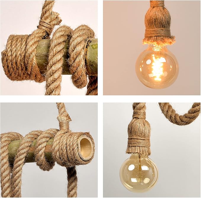 Arturesthome 4 Heads Hemp Rope Ceiling Pendant Light, Vintage Bamboo Chandeliers Decoration, Rustic Industrial Hanging Lamp for Bedroom Restaurant Cafe Bar