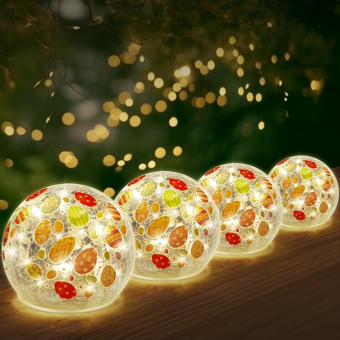 4 Pcs Easter Lighted Decorative Glass Ball 3.9inch Easter Egg Crackle LED Lights for Tabletop Decoration Globe Lamp Battery Operated for Holiday Indoor Party Table Gift