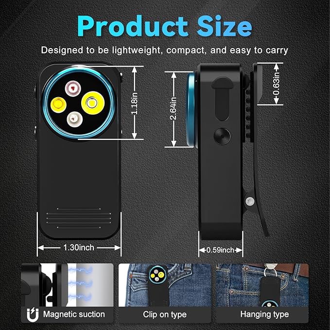 EDC Flashlight Clip-on Light, 600 Lumens Rechargeable Flashlight, Mini Pocket Clip-on Light with RGB Mode, Magnetic Small Flashlight Type-C for Camping Repairing Signaling Cycling, Black