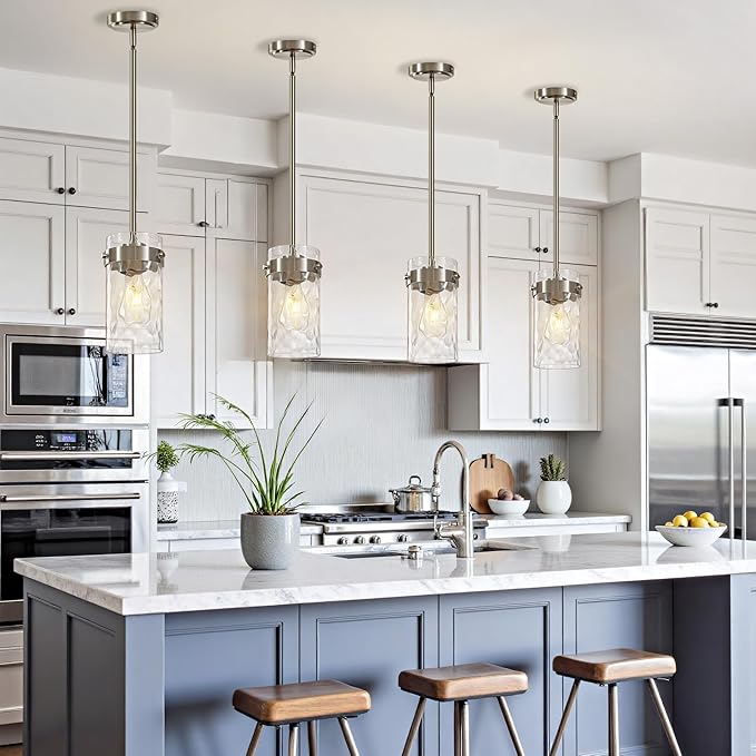 4.72" Hammered Glass Pendant Lighting for Kitchen Island 2 Pack, Modern Brushed Nickel Pendant Light Fixtures, Adjustable Ceiling Pendant Light for Kitchen Island Dining Room Bedroom Hallway