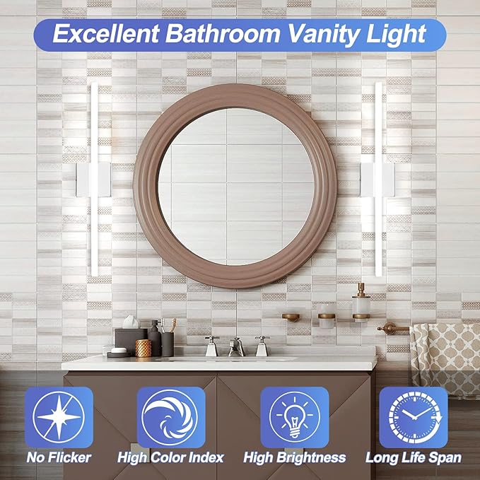 Combuh LED Vanity Lights Bar 24 Inch Bathroom Light Fixtures 14W IP44 Over Mirror Lighting Indoor Wall Sconces Modern Cool White 6000K for Washroom