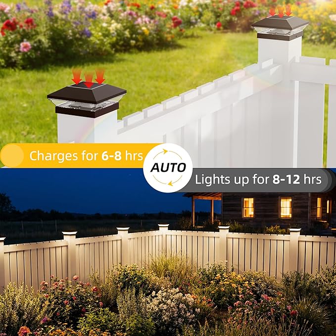 T-SUN Solar Post Cap Lights Outdoor 18 Pack, 2 Modes LED Fence Post Solar Lights Fit for 4x4 5x5 6x6 Vinyl/Wooden Posts, Waterproof Deck Post Lights Solar Powered for Garden Patio Gate Porch