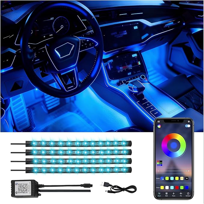 Car Interior LED Lights - 4PCs RGB Strip Lights with Bluetooth APP Control, Music Sync/DIY Mode, USB-Powered Ambient Lighting Kit for Cars, Trucks, SUVs (Universal Fit)