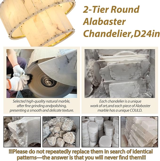 Alabaster Chandelier D24in Spanish Natural Marble Round Chandeliers,2 Tiers Alabaster Pendant Light,Modern Dining Room Chandelier, Dimmable Gold Chandeliers for Bedroom,Foyer,Bathroom,Entryway