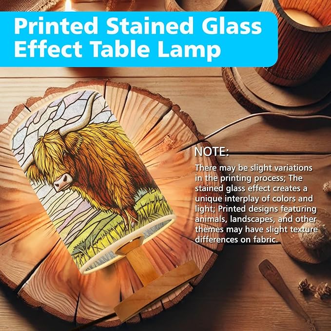 Highland Cow Table Lamp LED 3-Color Pressed Bedside, Highland Cow Shade Lamp with Wood Base for Bedroom Living Room Desk Office TL01