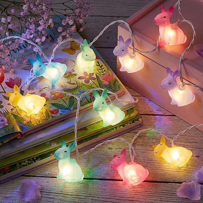 Easter Rabbit String Lights, 8.5ft 10 Count Multicolor Bunny Lights White Wire, UL Certified Connectable, Cute Easter Decorations for Home Indoor Outdoor Spring Party