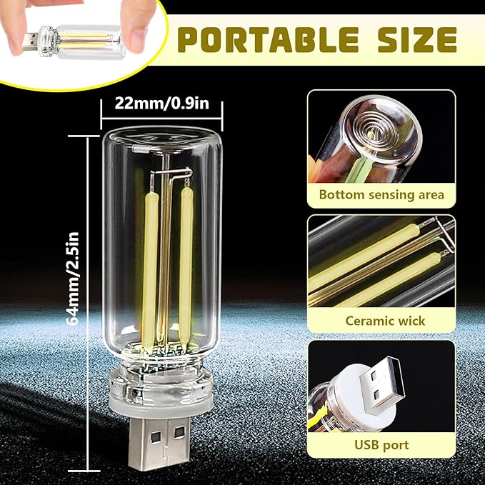 2PCS Car USB Night Lights, Touch Dimmable Vehicle Interior Ambient Lamp, Portable Retro Glass LED Light for Auto Decorations, Bedroom, Office, Travel, Camping, Gifts for Women and Men (White)