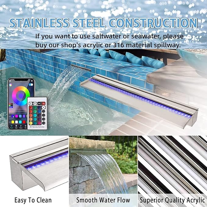 36 Inch APP 304 Stainless Steel Pond Fountains with 16 Color LED Lights, Outdoor Water Patio Waterfall Spillway Kit for Garden Patio, Swimming Pool, Koi Ponds Decoration