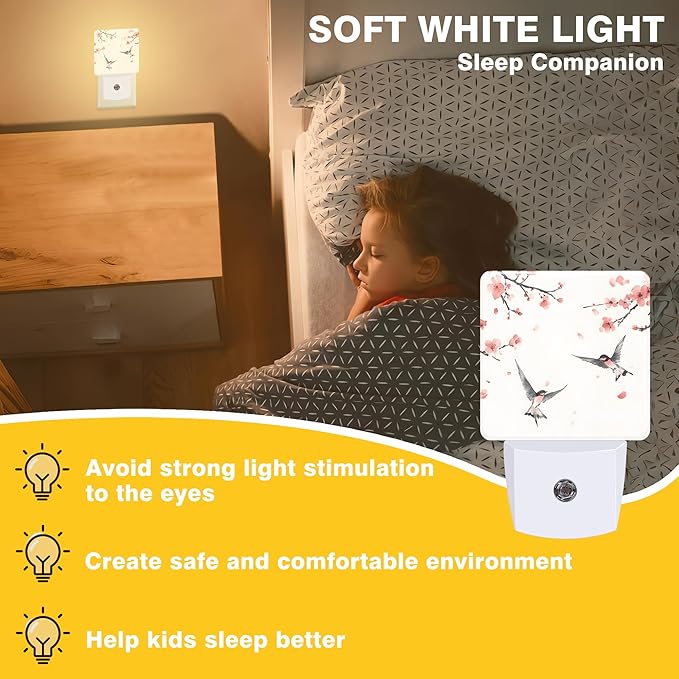 Peach Blossom and Bird Night Light, Plug-in Nightlight with Dusk to Dawn Auto Sensor for Home Bedroom Hallway Kitchen 0.5W Sleep Friendly Led Lamp for Women Men