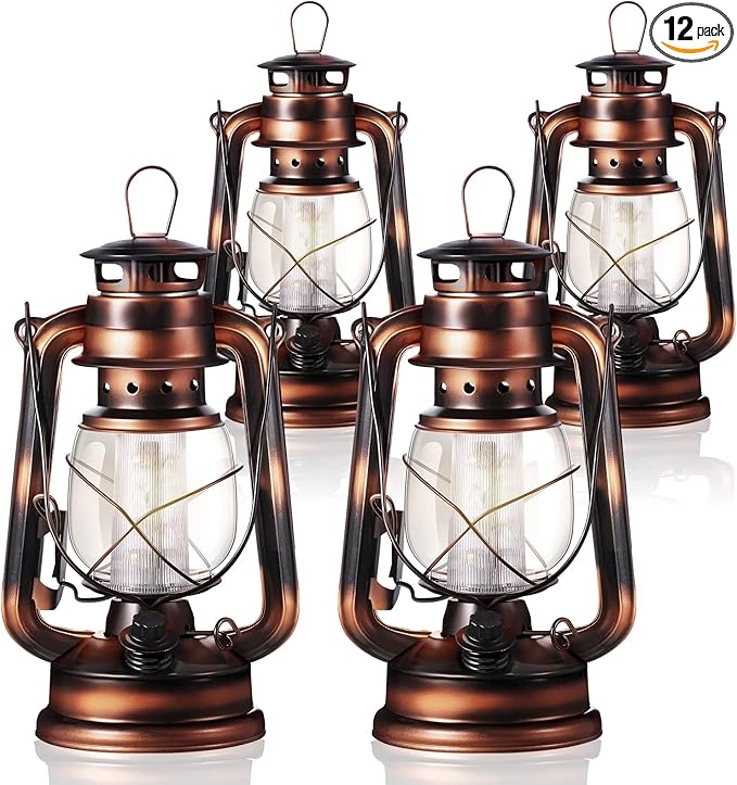 Hortsun 12 Pieces 8 Inch Vintage LED Hurricane Lantern 12 Warm LEDs and Dimmer Switch Battery Operated Farmers Hanging Lantern for Indoor Outdoor Camping Usage Decor