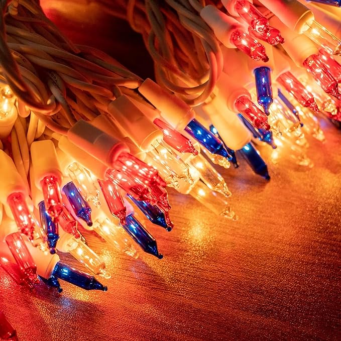 TW SHINE Red White and Blue 4th of July Lights, 20FT 100 Count Incandescent Patriotic Mini String Lights, Waterproof Independence Day Decorations for Outdoor Indoor Christmas Party Decor